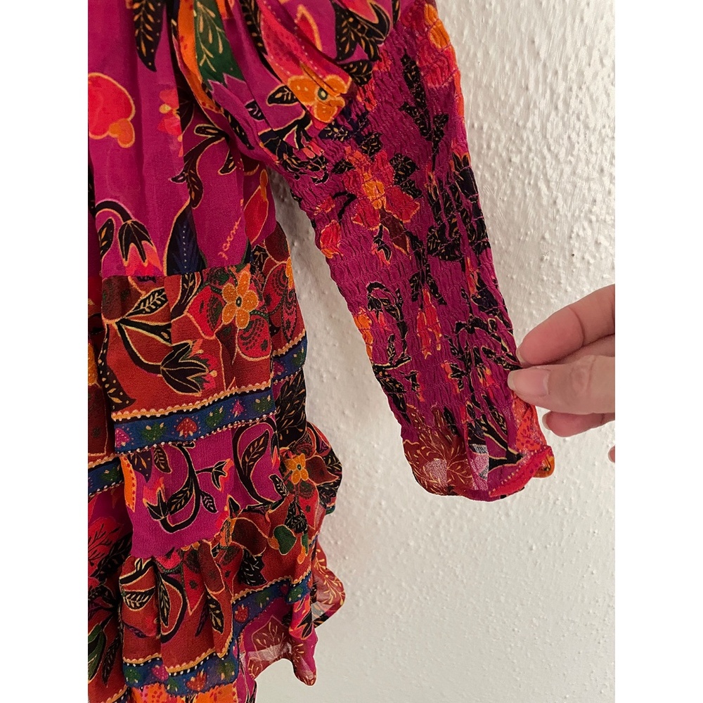 Farm Rio Dress Tropical Tapestry Long-Sleeve Tiered Mini Boho Small - Picture 9 of 13